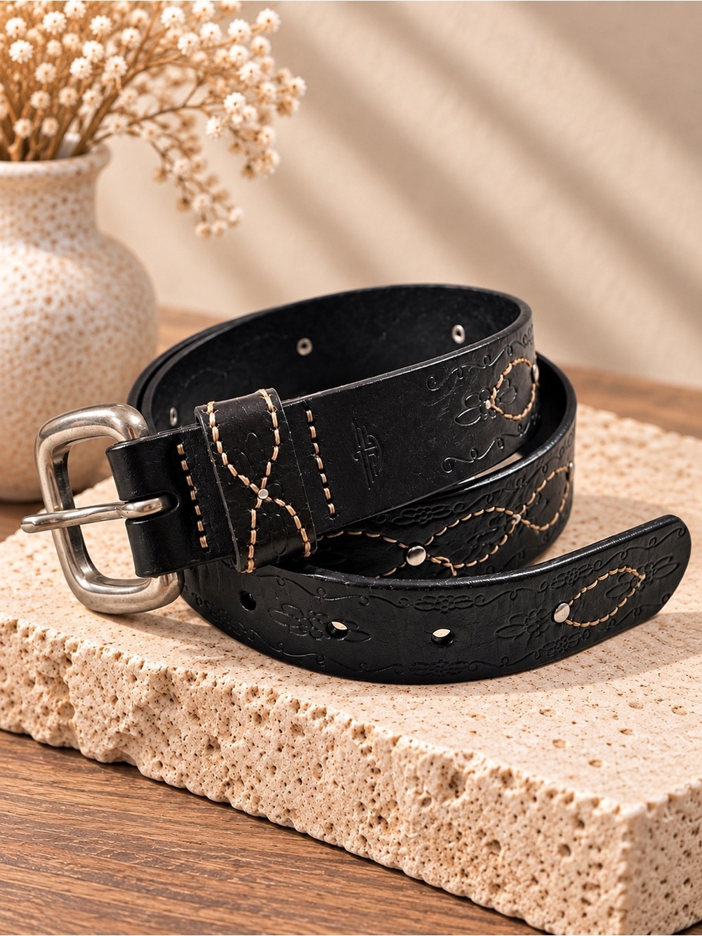 Dockers Tooled Floral Studded Black Leather Belt with adjustable buckle